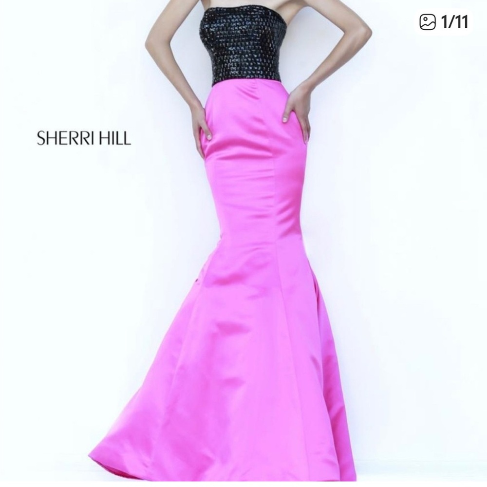 Sherri Hill Pink and Black Strapless Gown